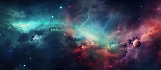 An electrifying landscape of colorful galaxies and intricate clouds surrounds a planet in the center, creating a mesmerizing astronomical art piece in the vastness of space - obrazy, fototapety, plakaty