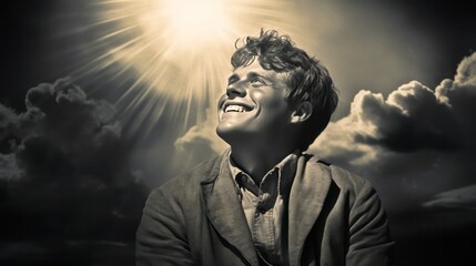 A man is smiling and looking up at the sun. The image has a mood of happiness and positivity