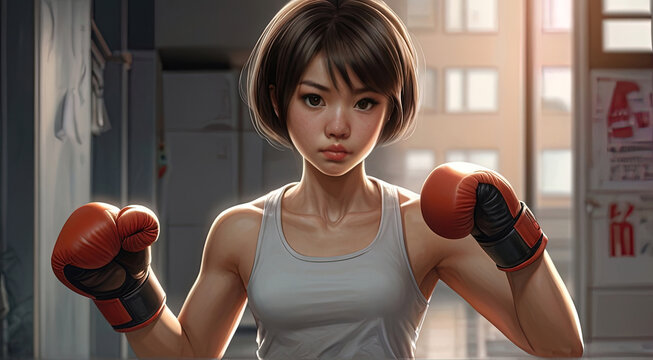 Portrait of an Asian girl with short hair in red boxing gloves