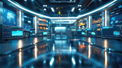 A financial newsroom with anchors reporting on market trends. Generative AI.