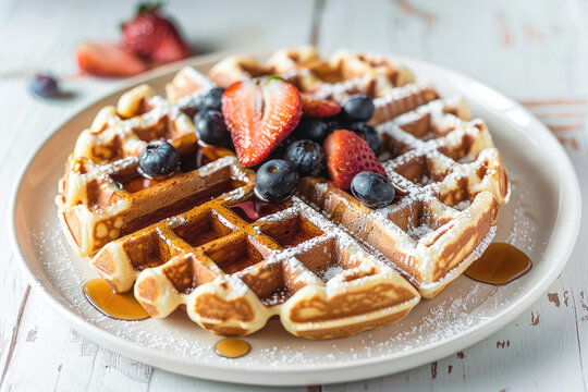 Waffles adorned with syrup and variety of berries (strawberries, blueberries) beautifully arranged on white plate white wooden table. Image of delicious breakfast for menus or culinary themed designs