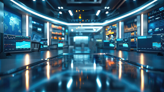 A financial newsroom with anchors reporting on market trends. Generative AI.