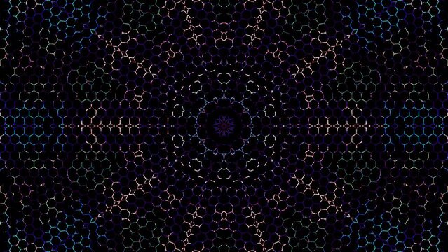 Abstract Kaleidoscope pattern with full colors. Magic mandala. 4k of smooth lines waves glittering light effect on round shape in center, black background