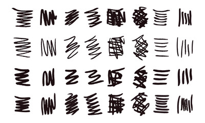 Strikethroughs and scribbles. 32 randomly drawn squiggles and doodles. Vector set