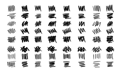 Strikethroughs and scribbles. 64 randomly drawn squiggles and doodles. Vector set of handwritten signs