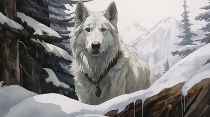 A white wolf is standing in the snow with a collar around its neck. The image has a serene and peaceful mood, as the wolf is surrounded by a snowy landscape and he is enjoying the winter weather