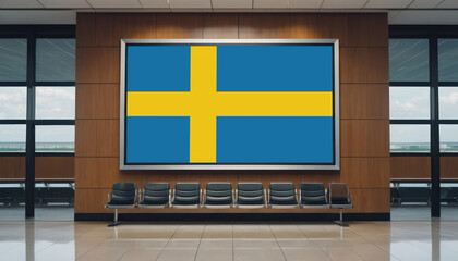 Sweden flag in the airport waiting room. The concept of flying for work, study, leisure.