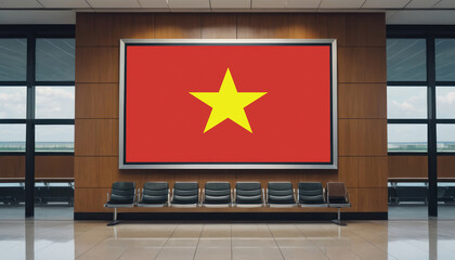 Vietnam flag in the airport waiting room. The concept of flying for work, study, leisure.
