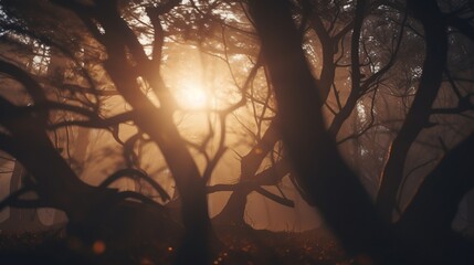 Creepy looking trees with shadow sunlight. Mystery, spooky and evil concept.
