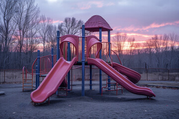 Demographic decline. Empty playground at sunset, symbolizing the effects of demographic decline - obrazy, fototapety, plakaty