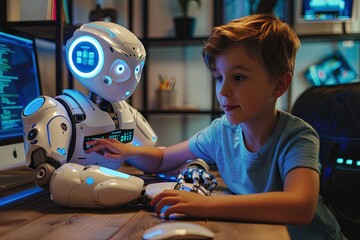 A curious kid codes on a computer alongside a sophisticated robot, symbolizing the intersection of childhood learning and advanced technology.