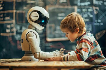 In an imaginative setting filled with equations, a young boy intently interacts with a robot, illustrating early engagement with technology and robotics.