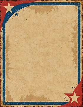 red and blue star motif border on weathered paper, retro, vintage