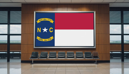 North Carolina flag in the airport waiting room. The concept of flying for work, study, leisure.