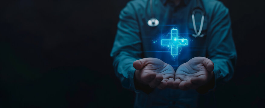 Medic with a glowing digital cross symbol in hand. Medical technology and virtual assistance concept. Design for surgical innovation advertisement, digital health care services, or telemedicine bann - Powered by Adobe