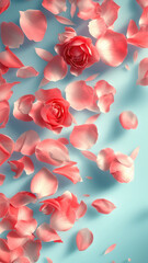 A cascade of delicate pink rose petals and full blooms against a gentle blue background
