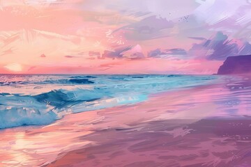 Serene beach at sunset, pastel colors, impressionist style, dreamy coastal illustration - obrazy, fototapety, plakaty