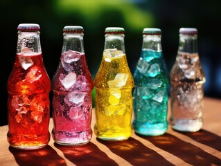 I have lots of fizzy drink bottles! Some are tall and fancy, others are smaller. They make a fun pop sound! We drink them on special days like birthdays. They're like bubbly magic! 