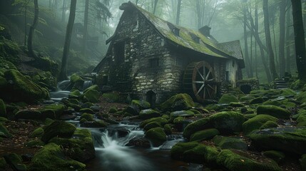 A stone mill with a water wheel surrounded by mossy rocks and greenery, ancient gnarled trees nestled in the heart of an ancient forest shrouded in mist. Generative AI. - obrazy, fototapety, plakaty