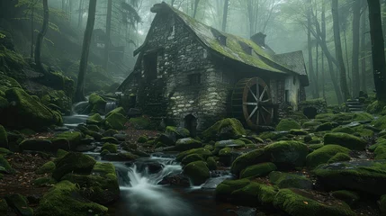 Photo sur Plexiglas Vieil immeuble A stone mill with a water wheel surrounded by mossy rocks and greenery, ancient gnarled trees nestled in the heart of an ancient forest shrouded in mist. Generative AI.