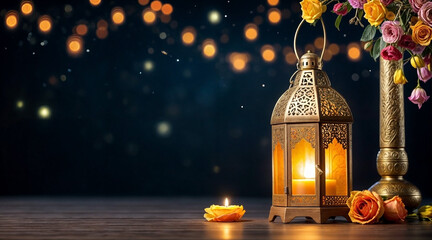 Orient background. A lit lantern, a vase of flowers, and a candle are placed on a wooden table. The background features a dark night with twinkling lights. - obrazy, fototapety, plakaty