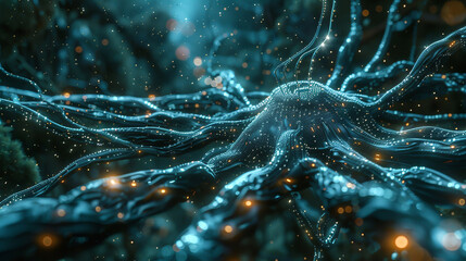 3D illustration of neuron cell with neurons and nervous system. AI. - obrazy, fototapety, plakaty