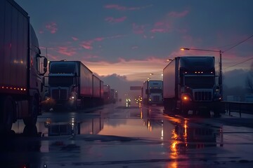 Row of semi trucks parked at a truck stop early in the morning waiting to continue their route. Concept Truck Stop, Early Morning, Transportation, Semi Trucks, Travel - obrazy, fototapety, plakaty