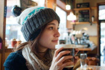 A young woman enjoying coffee in a cozy coffee shop.