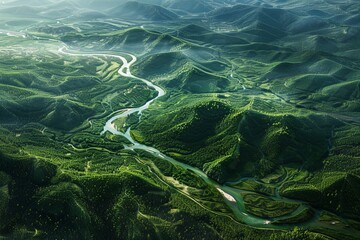 Sunlight filters through the undulating hills, illuminating the winding river that snakes through...