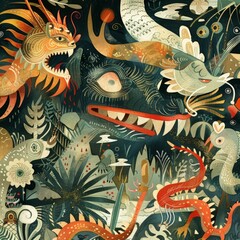 Artistic rendition of mythical creatures with dragons and abstract elements in a vivid, colorful, and intricate design