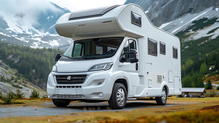 Motorhome, mobile house, van life, road car white trip journey vehicle tourism holiday, travelling relax drive automobile transportation.
