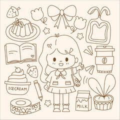 set of hand drawn girl with lifestyle, dessert, coffee and teenager charactor for funny coloring