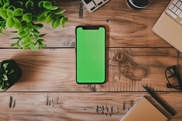 Overhead view of a modern smartphone with a green screen placed on a wooden desk alongside office supplies, offering a customizable template for app display.