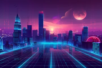 Foto op Plexiglas Retro Neon City at Night, 80s Synthwave Style with Glowing Grid and Cityscape, Digital Illustration © Lucija