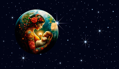 Día de la Madre representada en el planeta Tierra con un bebé dentro de una galaxia llena de estrellas brillantes en el espacio. 2024