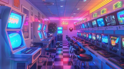 Step back into the 90s at this cyber cafe, where checkerboard floors meet a kaleidoscope of neon lights, celebrating a digital era's style.