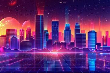 Fototapeta na wymiar Retro Neon City at Night, 80s Synthwave Style with Glowing Grid and Cityscape, Digital Illustration