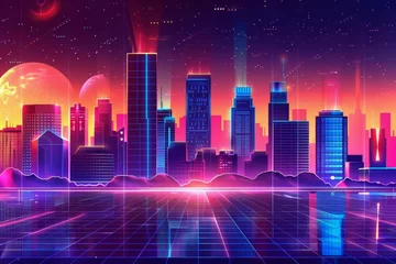 Foto op Plexiglas Retro Neon City at Night, 80s Synthwave Style with Glowing Grid and Cityscape, Digital Illustration © Lucija