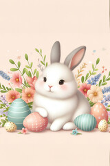 Cute easter bunny with flowers and eggs, greeting card. Generative AI