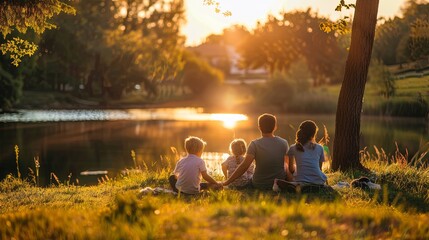 As the sun sets, a family cherishes the golden hour by the lakeside, creating lasting memories in the warm embrace of the fading light. - obrazy, fototapety, plakaty
