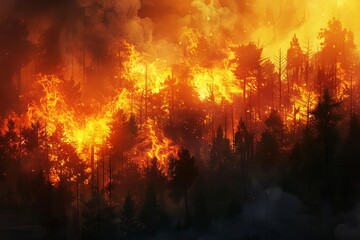 Raging forest fire with billowing smoke, natural disaster illustration, digital painting - obrazy, fototapety, plakaty