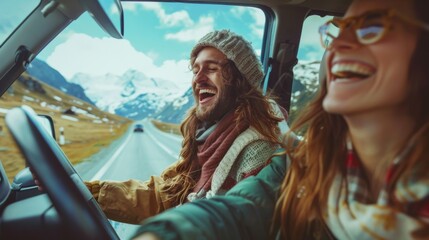 An image capturing the infectious laughter of friends on a car journey, with a backdrop of snow-capped mountains under a clear blue sky, radiating sheer joy and freedom. - obrazy, fototapety, plakaty