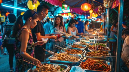 Patrons savor the vibrant atmosphere at a bustling night market, selecting from an array of traditional street food under a canopy of glowing lanterns. - obrazy, fototapety, plakaty