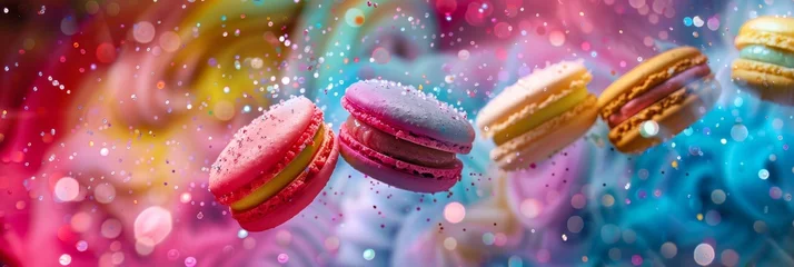 Fototapeten Floating macarons captured in mid-air with a magical sparkle backdrop. Festive flying macarons with a dynamic and enchanting bokeh effect. © Irina.Pl