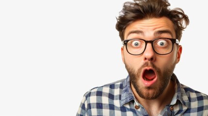 A striking portrait of a man in a plaid shirt, his expression one of complete shock, with mouth open and eyes almost comically wide.
