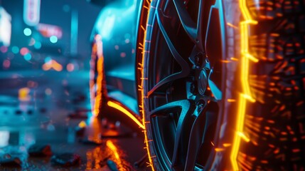 Futuristic vehicle wheel glowing in neon city night. High-tech car details in illuminated urban...