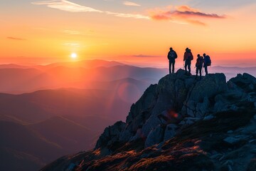 A group of hikers stands victoriously atop a mountain peak, basking in the glorious hues of the setting sun that blankets the rolling hills below.