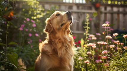 Golden retriever in contemplative gaze amidst a floral paradise. Sunlit golden fur against a blooming garden backdrop. Reflective dog in a tranquil garden during golden hour.