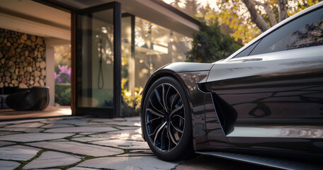 Close-up of luxury car parked at sophisticated modern home. Sleek design and detail of high-end...