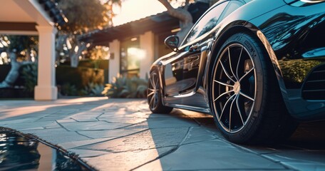 Luxury sports car in residential setting at sunset. Sleek performance vehicle parked at home...